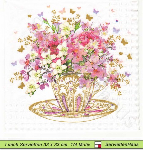 Teetasse mit Blumen und kleinen Schmetterlingen - 1 Lunch Serviette